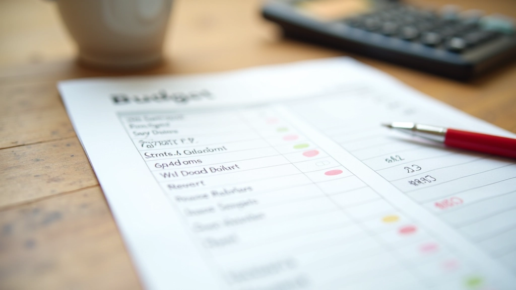 Table avec documents budgétaires, stylo rouge soulignant les catégories de dépenses, calculatrice et graphique circulaire