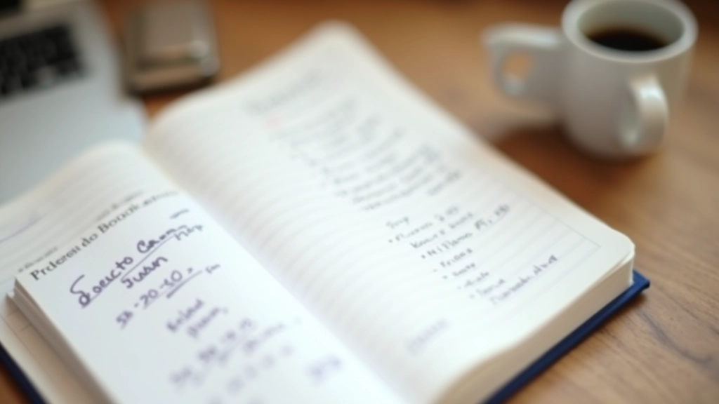 Gros plan sur un cahier ouvert avec des notes manuscrites, graphiques et calculs budgétaires, accompagné d'une tasse de café