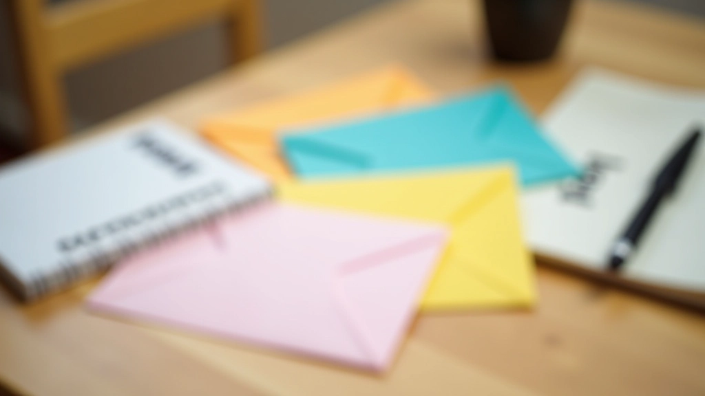 Enveloppes de couleur avec des étiquettes à côté d'un carnet et d'un stylo sur un bureau