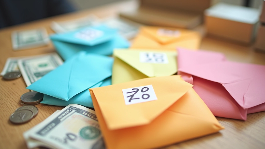 Enveloppes colorées étiquetées avec des montants différents sur une table, représentant la méthode des enveloppes
