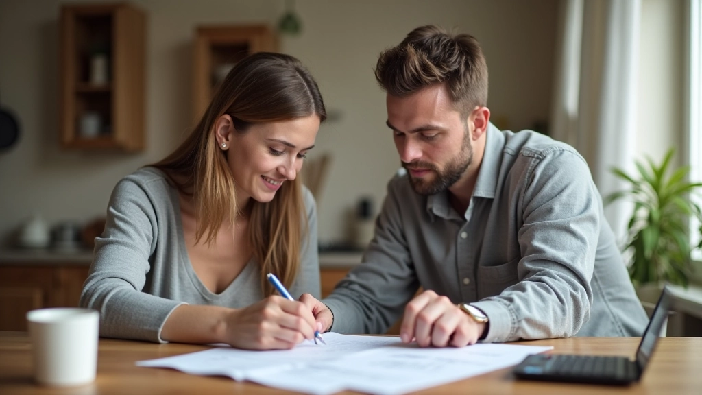 Couple examinant les documents budgétaires ensemble à une table, papiers et calculatrice visibles