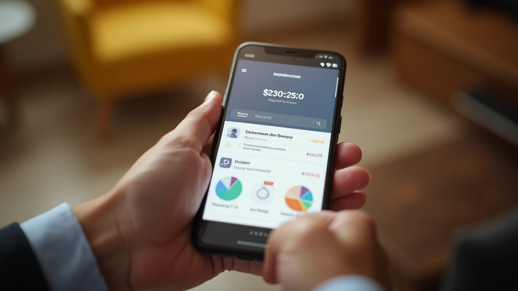 Personne utilisant un téléphone intelligent affichant une application budgétaire, écran illuminé, environnement intérieur moderne