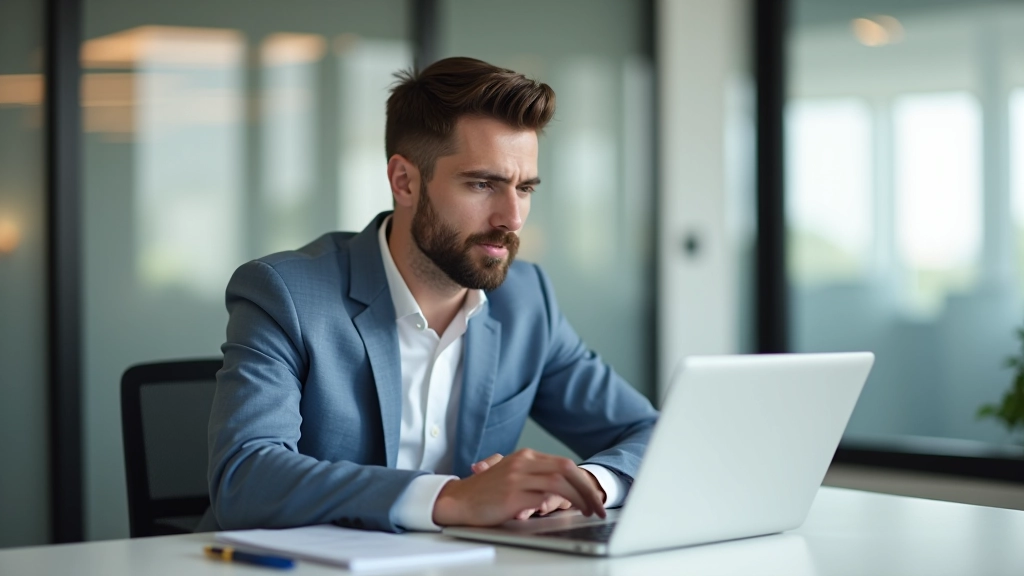 Homme assis à son bureau avec ordinateur portable, stylo en main, regardant attentivement l'écran dans un environnement de travail professionnel