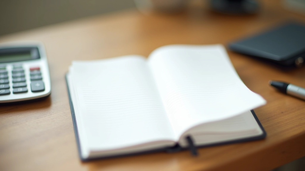 Cahier ouvert avec des notes manuscrites sur un bureau en bois, crayon et calculatrice à proximité