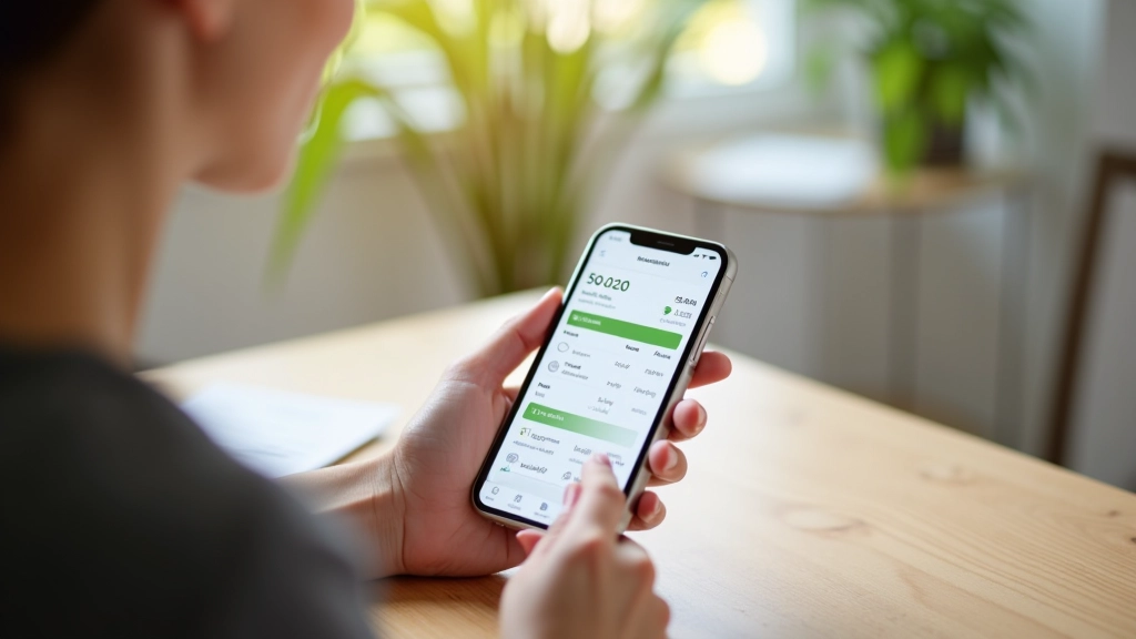 Personne consultant une application budgétaire sur son téléphone à la table, montrant des graphiques de progression