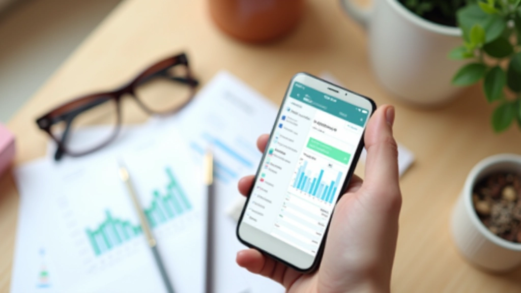 Smartphone affichant une application budgétaire avec graphiques et catégories de dépenses, reposant sur un bureau avec des papiers financiers