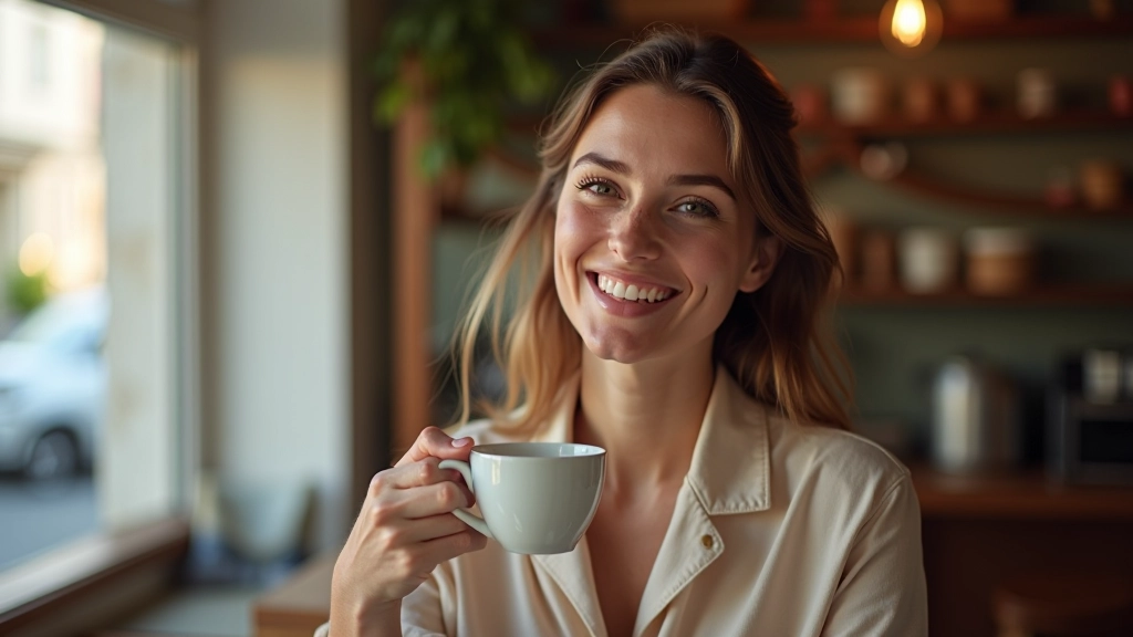 Jeune femme souriante assise au café avec une tasse de café et un livre, lumière naturelle de la fenêtre