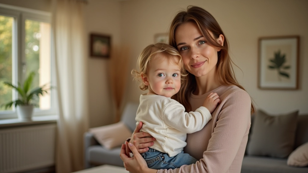 Femme tenant un enfant en bas âge, souriant dans un environnement domestique confortable et chaleureux