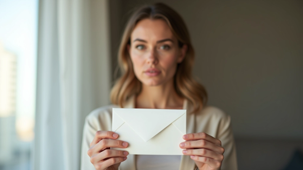 Femme tenant une enveloppe de budget vide, regardant son contenu avec une expression de réalisation budgétaire