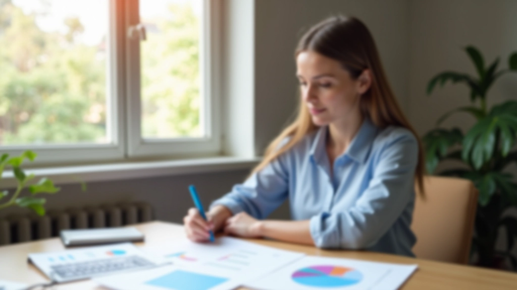 Femme assise à un bureau étudiant un document financier, stylo en main, expression concentrée